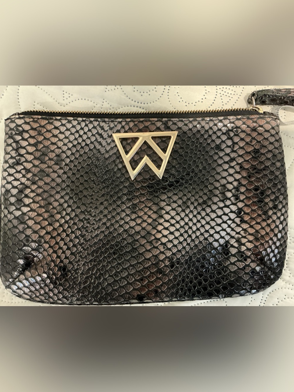 Kelly Wynne Black and Brown Snake-Embossed Patent Leather Wristlet